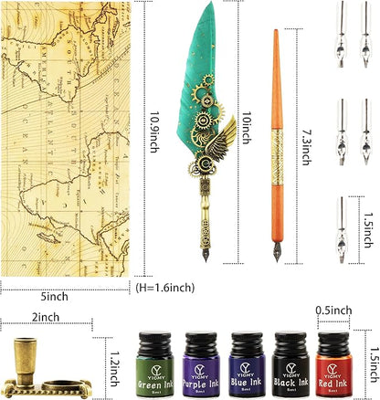 Feather Pen and Ink Set Calligraphy Kit for Beginners with Quill Pen, Antique Vintage Stationary Set for Writing, Signing & Hand Lettering Art