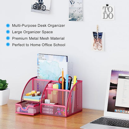 EasyPAG Mesh Desk Organizer with Drawer Multi-functional Pen Holder Stationery Organizer for Office School Supplies 6 Compartments Dorm Organizers and Storage for Desk, Hot Pink