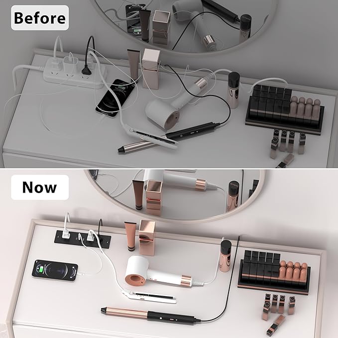 Furniture Drawer Outlet, Recessed Power Strip with (3) PD 20W USB Ports Fast Charging & (3) 15 Amp AC Outlets, (14 AWG) 10 FT Spring Black Cord