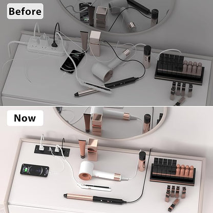 Furniture Drawer Outlet, Recessed Power Strip with (3) PD 20W USB Ports Fast Charging & (3) 15 Amp AC Outlets, (14 AWG) 10 FT Spring Black Cord