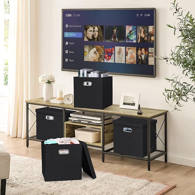 Storage Bins with Lids, Collapsible Linen Fabric Boxes Organizer Containers with Lid Foldable Storage Box Basket for Closet, Shelves, Home, Office, 12 x 12 x 12.4 Inch, 4 Pack, Black