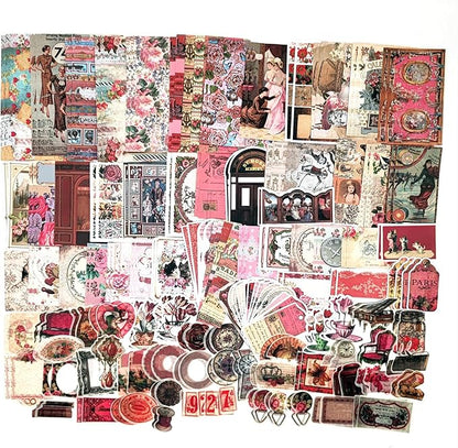 200PCS Vintage Scrapbooking Supplies Pack, Aesthetic Scrapbook Sticker Paper Art Journaling Kit for Bullet Junk Journals,Planner,Cottagecore Decor Gifts (Pink Retro Collection)