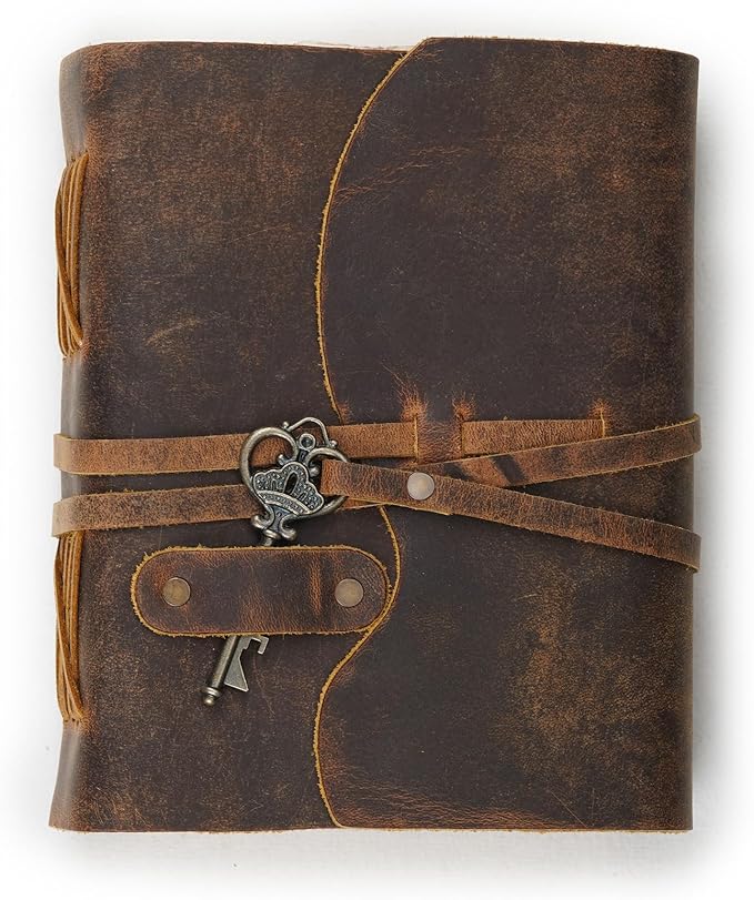 LEATHER VILLAGE Vintage Leather Journal – 200 Handmade Vintage Deckle Edge Paper – Leather bound Journal For Women Men – Vintage Key Closure - Book of Shadows - Cappuccino Brown - 6X4 inches (A6)