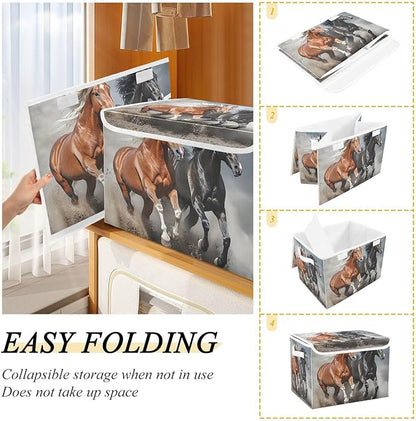 Running Horses Storage Bins Box with Lids Collapsible Fabric Storage Basket Lidded Cube Storage Containers for Organizing Shelves Closet Office