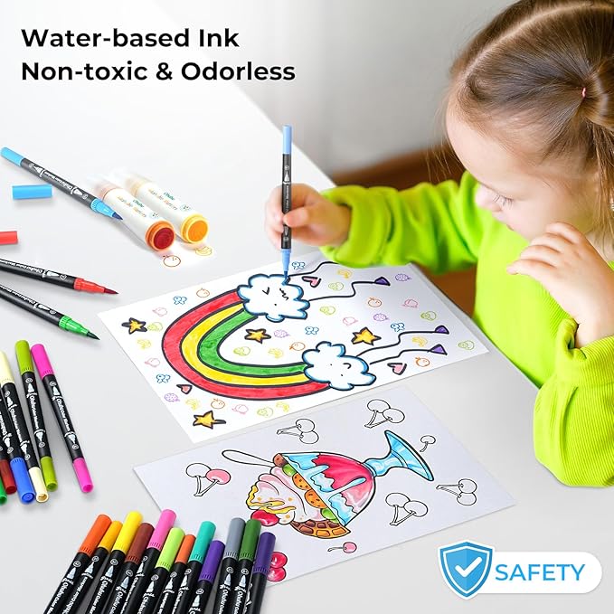 Ohuhu Markers for Adult Coloring Books: 120 Colors Brush Pens Dual Brush Fine Tip Drawing Pens Water-Based Coloring Markers for Calligraphy Bullet Journal with Carrying Case - Maui - Black