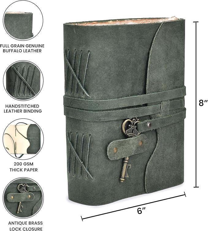 LEATHER VILLAGE Vintage Leather Journal – 200 Handmade Vintage Deckle Edge Paper – Leather bound Journal For Women Men – Vintage Key Closure - Book of Shadows - Aqua - 8X6 inches (A5)