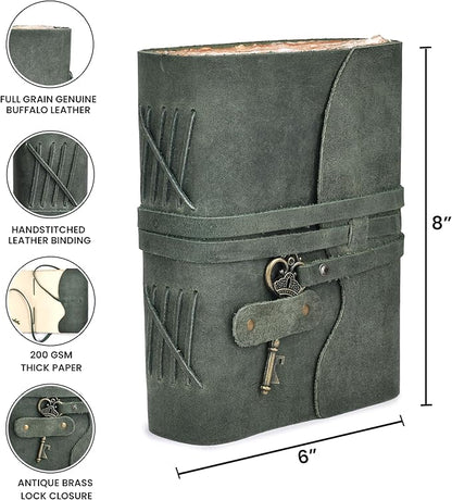 LEATHER VILLAGE Vintage Leather Journal – 200 Handmade Vintage Deckle Edge Paper – Leather bound Journal For Women Men – Vintage Key Closure - Book of Shadows - Aqua - 8X6 inches (A5)