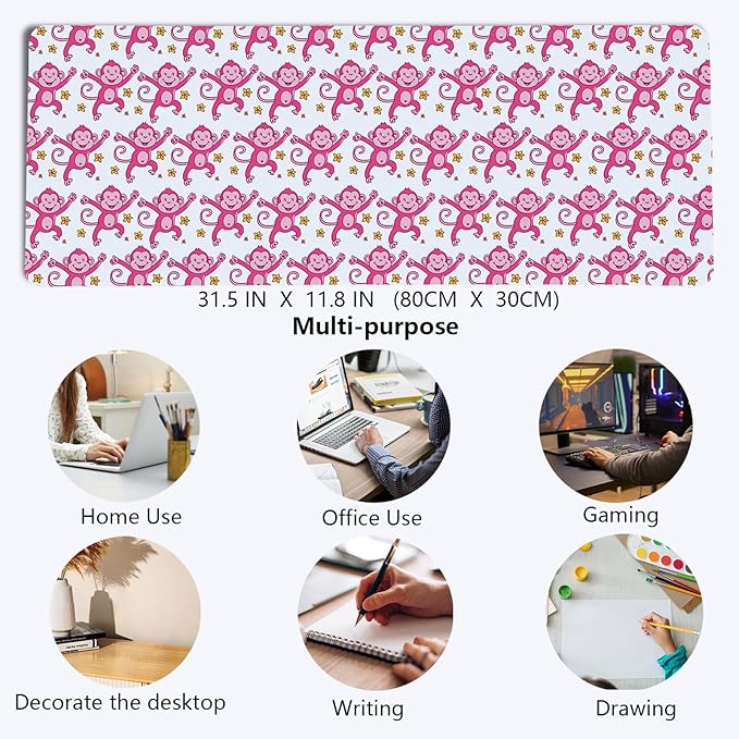 Cute Pink Monkey Mouse Pad,Pink Monkeys Decor for Girly Room Desk Mouse Pad,Preppy Girly Large Desk Mat for Dorm Home Office,Teen Girl Monkey Gifts,31.5x11.8 Inch