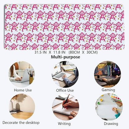Cute Pink Monkey Mouse Pad,Pink Monkeys Decor for Girly Room Desk Mouse Pad,Preppy Girly Large Desk Mat for Dorm Home Office,Teen Girl Monkey Gifts,31.5x11.8 Inch