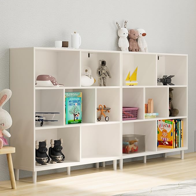 Wood Cube Storage Organizer White Bookshelf - 3-Tier Freestanding Storage Cabinet with Legs for Home Office, 7-Cubes Open Shelf