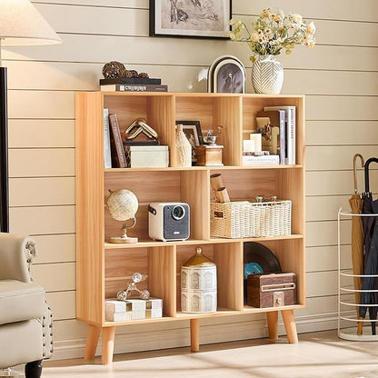LEYAOYAO Wooden 8 Cube Book Shelf, Natural 3 Tier Bookshelf with Legs, Modern Open Storage Organizer,Boho Bookcase,Display Cabinet Shelf Free Standing Bookshelves for Bedroom,Living Room,Office