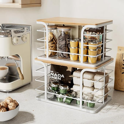 2 Pack Pantry organizers and Storage,Kitchen Organization with Bamboo Top,Stackable Kitchen Pantry bin for Onion,Potato,Fruits,Produce,Vegetable,White