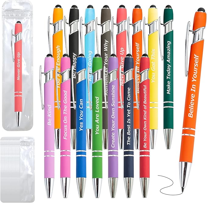 100 Piece Inspirational Pens Kit with Stylus Tip & Sayings – 50 Motivational Pen + 50 Individual Bags – Uplifting Quote & Positive Ideas – For Teachers, Office, School, Meetings, Team Events
