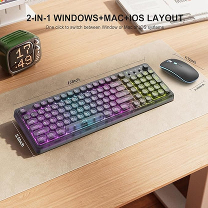Black Light Up Keyboard and Mouse Wireless,Cute 2.4Ghz Cordless Rechargeable Transparent Backlit Keyboard,15 Backlight Effects,Volume Knob,RGB Mouse with 3 DPI for Mac Computer PC Laptop Desktop iPad