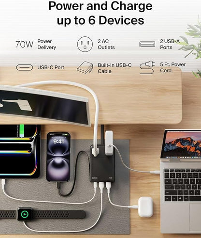 Belkin GaN Charging Station 70W, 6-in-1 USB C Charger w/ 2X AC Outlets, 2X USB A Ports, Integrated USB C Cable - Power Strip for iPhone, Apple Watch, iPad, MacBook, Chromebook, Galaxy, Pixel, & More