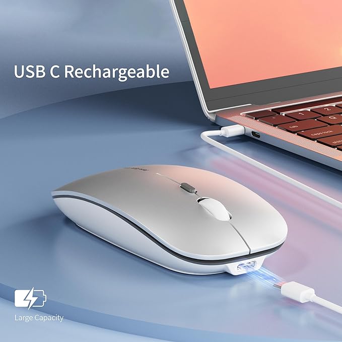 Q5 Slim Rechargeable Wireless Mouse, 2.4G Portable Optical Silent Ultra Thin Wireless Computer Mouse with USB Receiver and Type C Adapter, Compatible with PC, Laptop, Notebook, Desktop (Silver)