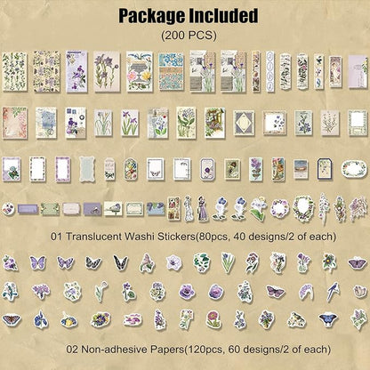 200PCS Vintage Scrapbooking Supplies Kit for Journaling, Scrapbook Sticker Paper Pack for for Bullet Journals Junk Journal Planners Aesthetic Cottagecore Room Decor Wall Art Collage Album