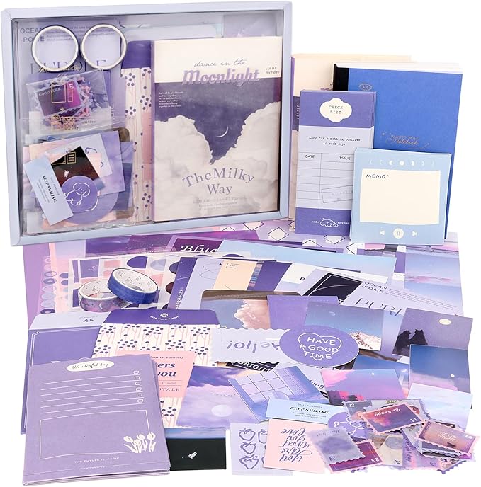 Draupnir Aesthetic Scrapbook Kit(348pcs), Bullet Junk Journal Kit with Journaling/Scrapbooking Supplies, Stationery,A6 Grid Notebook with Graph Ruled Pages DIY Scrapbook Gift for Girl Kid(Moonlight)
