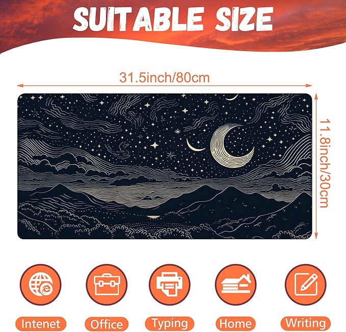 Desk Pad, Beautiful Night Sky Desk Mat, Line Stars and Moon Large Gaming Mouse Pad for Desk, 31.5"x15.7" Extended Big Computer Keyboard Mouse Pad with Non-Slip Base and Stitched Edge