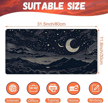 Desk Pad, Beautiful Night Sky Desk Mat, Line Stars and Moon Large Gaming Mouse Pad for Desk, 31.5"x15.7" Extended Big Computer Keyboard Mouse Pad with Non-Slip Base and Stitched Edge