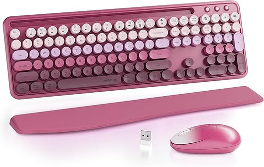 UBOTIE Wireless Keyboard and Mouse Combo with Phone Holder and Wrist Rest, Round Colorful Keys, Power Switches, 2.4GHz USB Receiver, Full-Size QWERTY Layout for PC Laptop(Rose-Red Gradient)