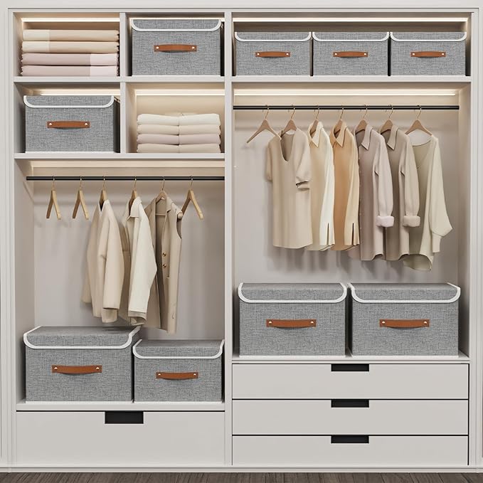 Yawinhe Collapsible Storage Bin, Cube Organizer Basket, Fabric Box with Lids, Washable and Leather Handle, for Home, Closet, Grey, 15.0''Lx9.8''Wx9.8''H, 7-Pack, USNK024GL-7