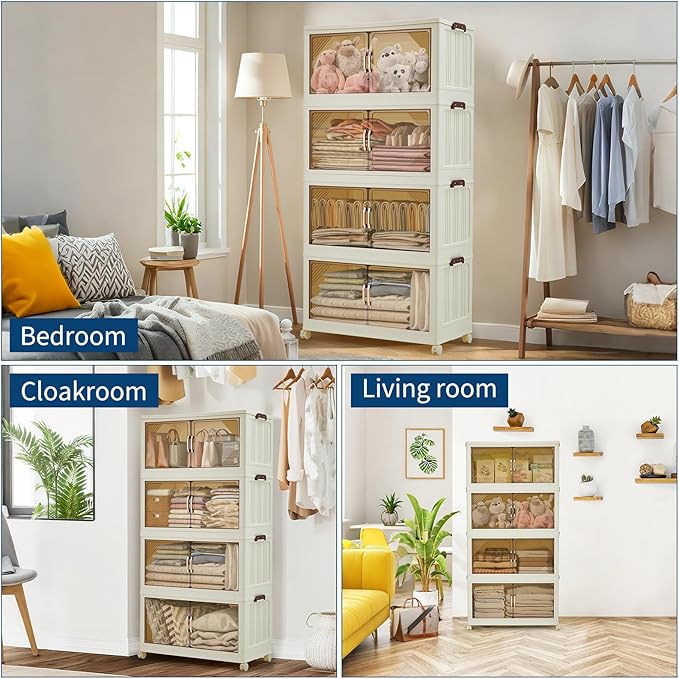 Garvee 380QT Stackable Storage Bins, Plastic Bins for Storage with Lids, Plastic Storages Drawers with Magnetic Doors & Wheels, Foldable Collapsible Closet Organizers for Home, Dorm, Office, White