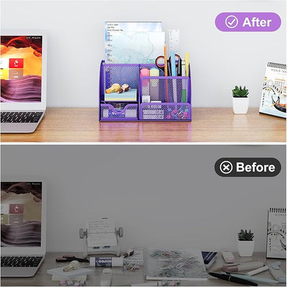 EasyPAG Mesh Desk Organizer with Drawer Multi-functional Pen Holder Stationery Organizer for Office School Supplies 6 Compartments Dorm Organizers and Storage for Desk, Purple