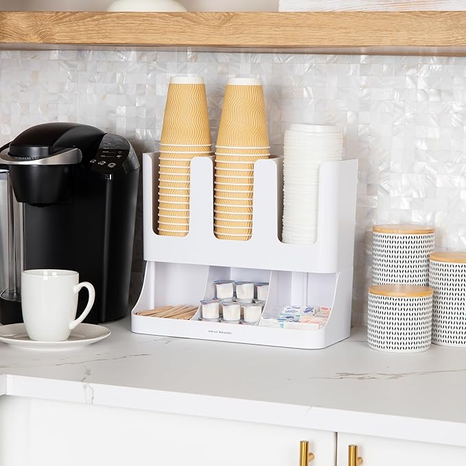 Mind Reader 6 Compartment Upright Breakroom Coffee Condiment and Cup Storage Organizer, White