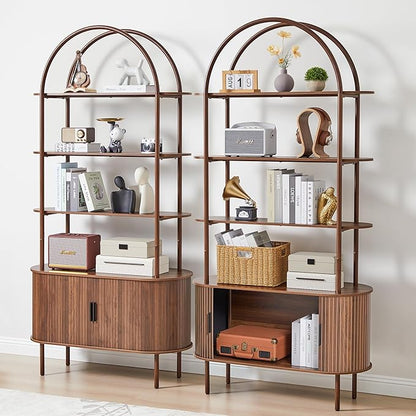 79" Tall Arched Bookshelf with Sliding Tambour Doors, Mid Century Modern Curved Bookcase Cabinet with Storage, 4-Tier Open Display Storage Shelf for Home Office,Living Room (Walnut, 79inch)