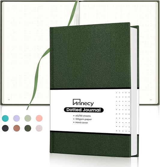Annecy Numbered Bullet Dotted Journal Notebook, Medium 5.5x 8.25, 160 Pages 100GSM Writing Paper, A5 Deep Green Faux Leather Cover with Pen Loop
