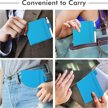 feela 6 Pack Pocket Mini Notebooks Bulk, Small Cute Memo Notepads Hardcover College Ruled Lined Journals with Pen Holder for School Business Work, with 6 Black Pens, 3.5”x 5.5”, A6, Teal