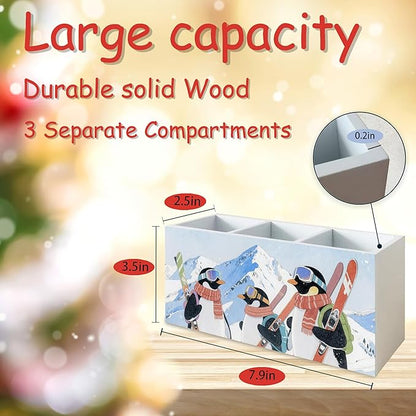 Winter Skiing Penguin Pen Pencil Holder Organizer for Desk, Penguin Gifts for Women, Winter Snowy Mountains Animal Wood Cooking Kitchen Utensils Utensil Organizer Holder Decor