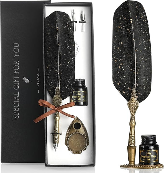 VANGOAL Vintage Black Feather Pen and Ink Set, Classic Series Goose Quill With Carving Stand, Calligraphy Nibs, Black Dip Ink, Antique Writing Gift for Writer