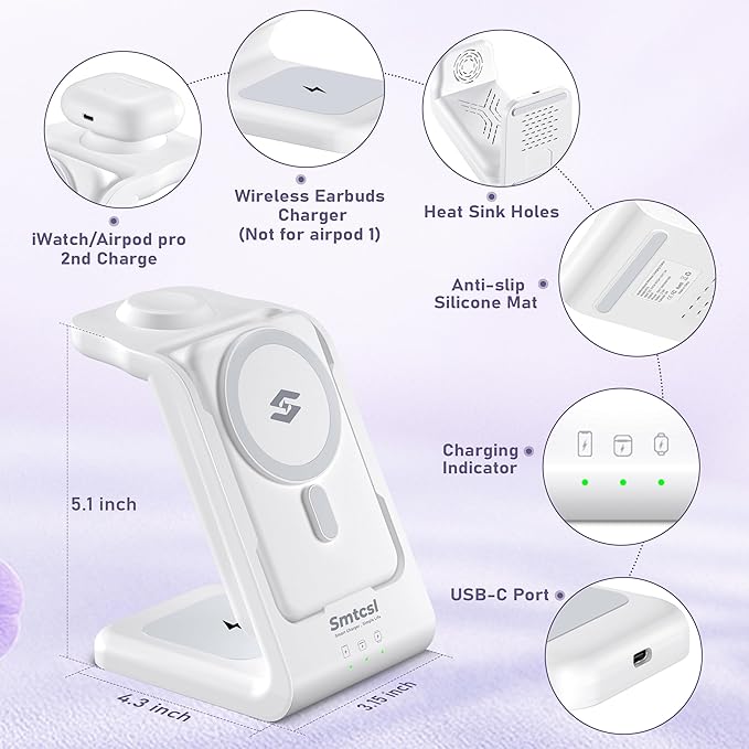 3 in 1 Wireless Charging Station: 10000mAh Removable Power Bank Charger Stand for Phone/Watch/Air Pods - Portable Magnetic Battery Pack for Air 17 16 15 14 13 12 Series White