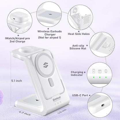 3 in 1 Wireless Charging Station: 10000mAh Removable Power Bank Charger Stand for Phone/Watch/Air Pods - Portable Magnetic Battery Pack for Air 17 16 15 14 13 12 Series White
