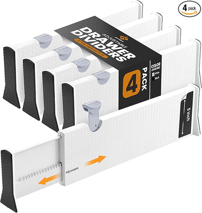 RAPTUROUS Adjustable Deep Drawer Divider – 5" Tall, Expandable 13-22", 4-Pack, Non-Slip Drawer Dividers for Clothes, Dresser, Kitchen & Office Organization (White)