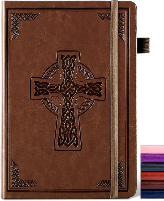 CAGIE Leather Lined Journal Notebook for Men & Women, Debossed Cross, 320 Pages 100 GSM Thick Paper, A5 Hardcover Journaling Notebooks for Writing, 5.7'' X 8.3'' Diary, Brown