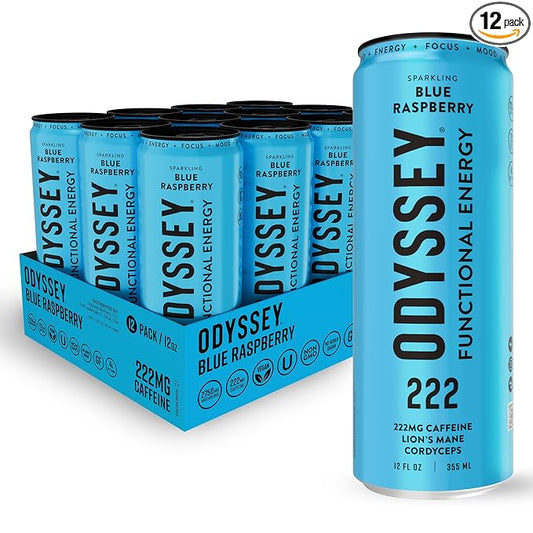Odyssey Functional Energy Drink for Focus, Cognition & Mood Support 12 Pack - Adaptogenic Drink with 222mg Green Tea Caffeine, Lion’s Mane, Cordyceps, L-Theanine & Ginseng, Sparkling Blue Raspberry