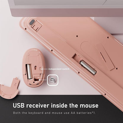 UBOTIE Wireless Keyboard and Mouse Combo with Phone Holder and Wrist Rest, Round Colorful Keys, Power Switches, 2.4GHz USB Receiver, Full-Size QWERTY Layout for PC Laptop（Peach