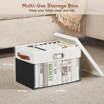 Fabric Clear Window Storage Bins with Lid, Closet Storage Box Linen Closet Baskets with 3 Handles for Organizing Clothing, Jeans, Shelves 15''- 3 Pack (Black and White)