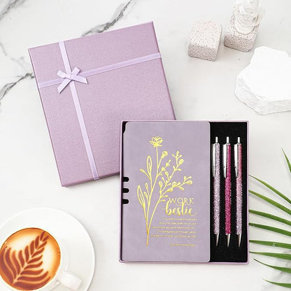 5 Pcs Work Besties Gifts for Women Set Leather Journal Ballpoint Pens with Box Thank You Appreciation Gift for Thanksgiving Christmas Birthday Work Bestie Gifts Coworker Friend (Purple)