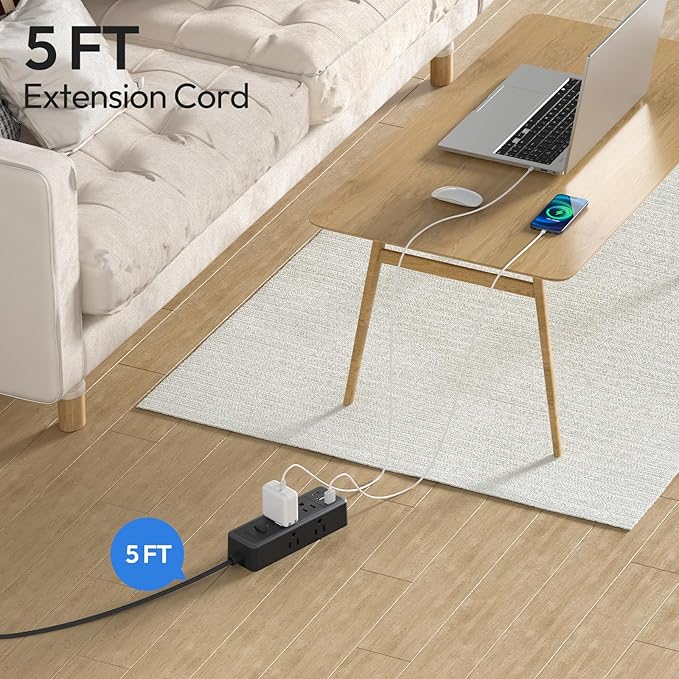 NTONPOWER Extension Cord 5 ft, Flat Plug Power Strip Surge Protector 1080 Joules with 6 Widely Outlets 3 USB (1 USB C), Flat Extension Cord for Home Office Dorm Room Essentials