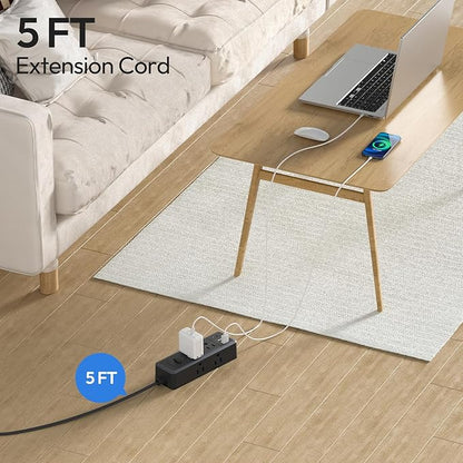 NTONPOWER Extension Cord 5 ft, Flat Plug Power Strip Surge Protector 1080 Joules with 6 Widely Outlets 3 USB (1 USB C), Flat Extension Cord for Home Office Dorm Room Essentials