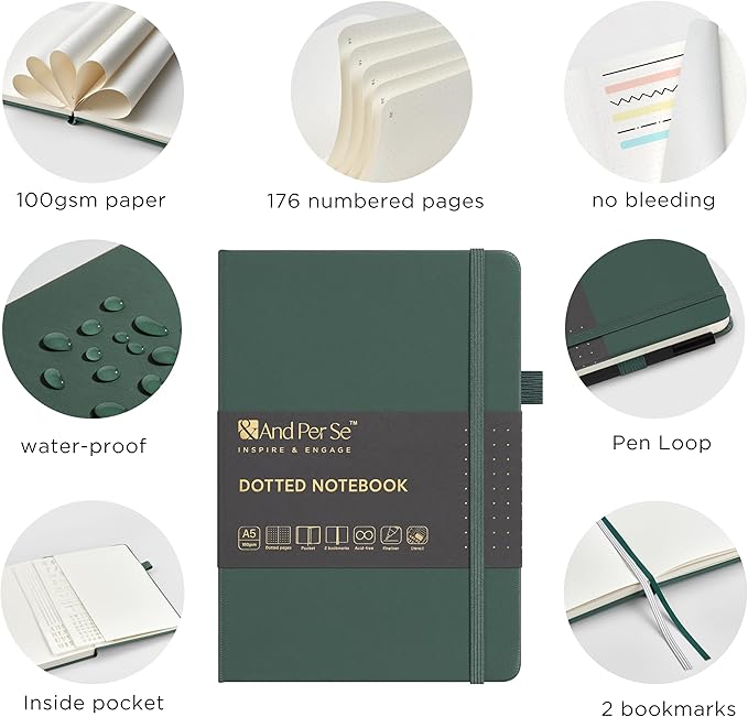 &And Per Se Dotted Journal Notebook Set (3 Packs), A5 Hardcover Dotted Notebook, 176 Numbered Pages Bullet Journaling Kit, 2 Stencil Sheets and 1 Fineliner Pen Included - 5.7'' x 8'' (Green)