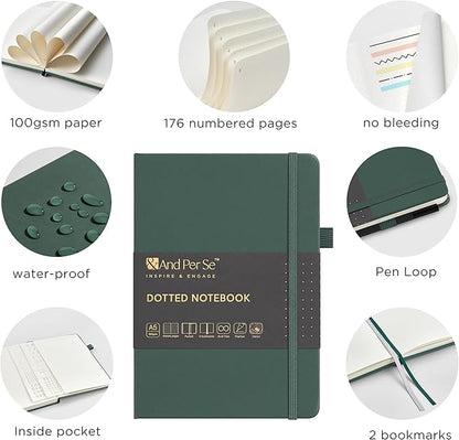 &And Per Se Dotted Journal Notebook Set (3 Packs), A5 Hardcover Dotted Notebook, 176 Numbered Pages Bullet Journaling Kit, 2 Stencil Sheets and 1 Fineliner Pen Included - 5.7'' x 8'' (Green)