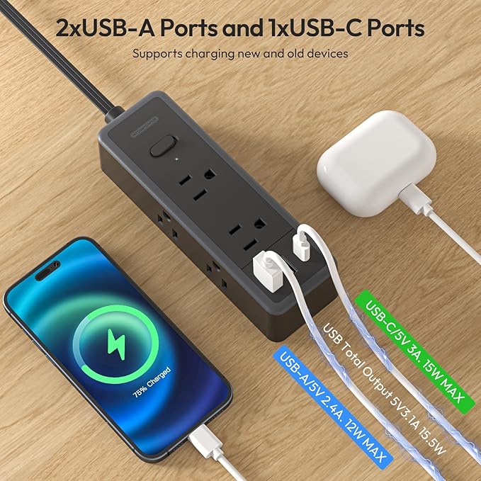 NTONPOWER Flat Extension Cord 10 ft, 1080 Joules Surge Protector Power Strip with 6 Widely Outlets 3 USB (1 USB C), Flat Plug Extension Cord Power Strip Long Cord for Home Office Dorm Room Essentials