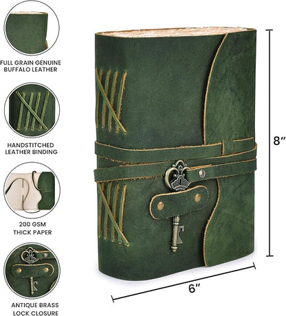 LEATHER VILLAGE Vintage Leather Journal – 200 Handmade Vintage Deckle Edge Paper – Leather bound Journal For Women Men – Vintage Key Closure - Book of Shadows - Green - 8X6 inches (A5)