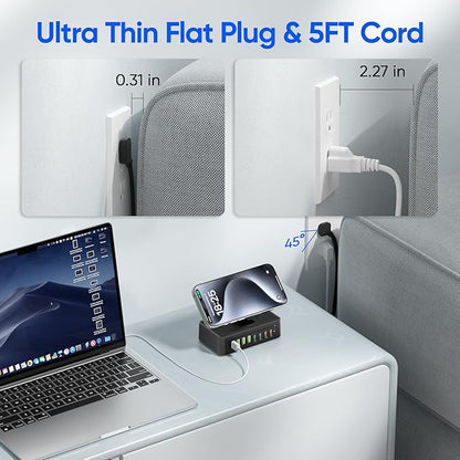 11-in-1 Charging Station USB-C Power Strip, 300W USB C Charger Block, 2AC Outlets 8USB Ports(4USB-C) Surge Protector, 5FT Flat Plug Extension Cord, PD110W Desktop Fast Charging for Home Office, Black