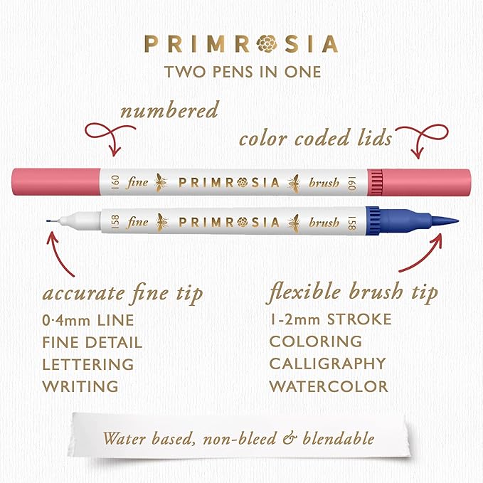 Primrosia Fauna - 60 Dual Tip Watercolor Brush and Fine Tip Pens. Marker Pens for Art Sketching Illustration Calligraphy Permanent Highlighter Bullet Journal Drawing Adult Coloring